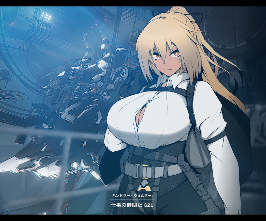 absurdres armored_core armored_core_6 belt blonde_hair breasts closed_mouth collared_shirt commentary_request female genderswap_(mtf) handler_walter highres large_breasts long_hair long_sleeves looking_at_viewer mecha nuuuuuusi06 robot rule_63 shirt solo tan translation_request white_shirt yellow_eyes