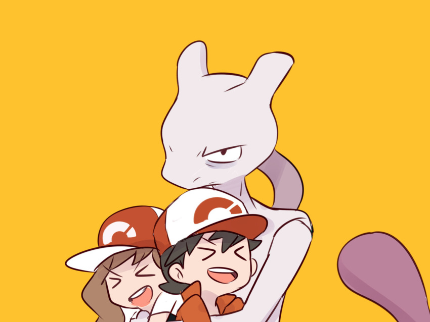 >_< 1boy ayumi_(pokemon) baseball_cap black_hair brown_hair commentary creature english_commentary female gen_1_pokemon hat hug kakeru_(pokemon) legendary_pokemon long_hair mewtwo pokemon pokemon_(creature) pokemon_(game) pokemon_lgpe ponytail serious simple_background spiked_hair yellow_background