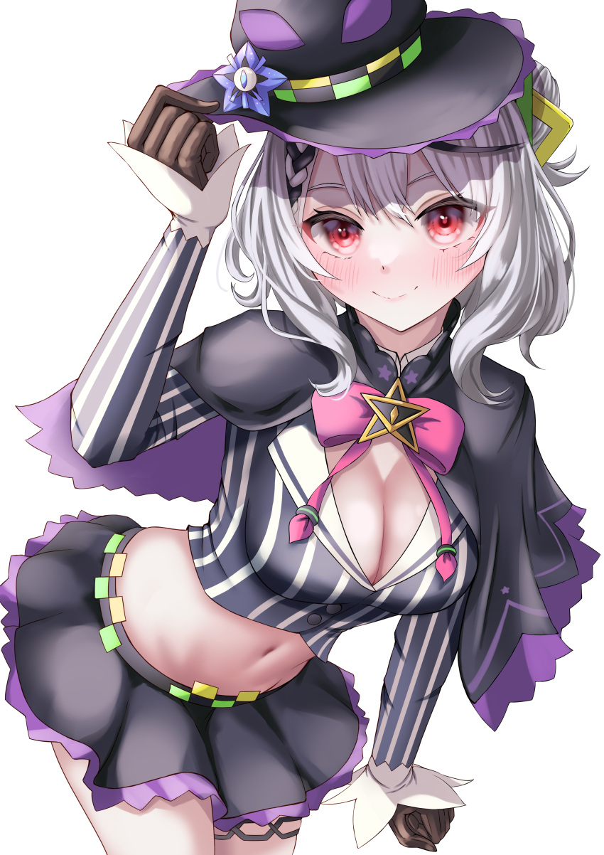 absurdres black_gloves black_hair black_hat black_shirt black_skirt blush braid braided_bangs breasts capelet cleavage cosplay cropped_shirt female gloves grey_hair hair_bun hat highres hololive large_breasts looking_at_viewer medium_hair midriff miniskirt mitsu_3_33 multicolored_hair murasaki_shion murasaki_shion_(1st_costume) murasaki_shion_(cosplay) navel purple_capelet red_eyes sakamata_chloe shirt single_braid single_hair_bun skirt smile solo streaked_hair striped_clothes striped_shirt vertical-striped_clothes vertical-striped_shirt virtual_youtuber weapon witch_hat