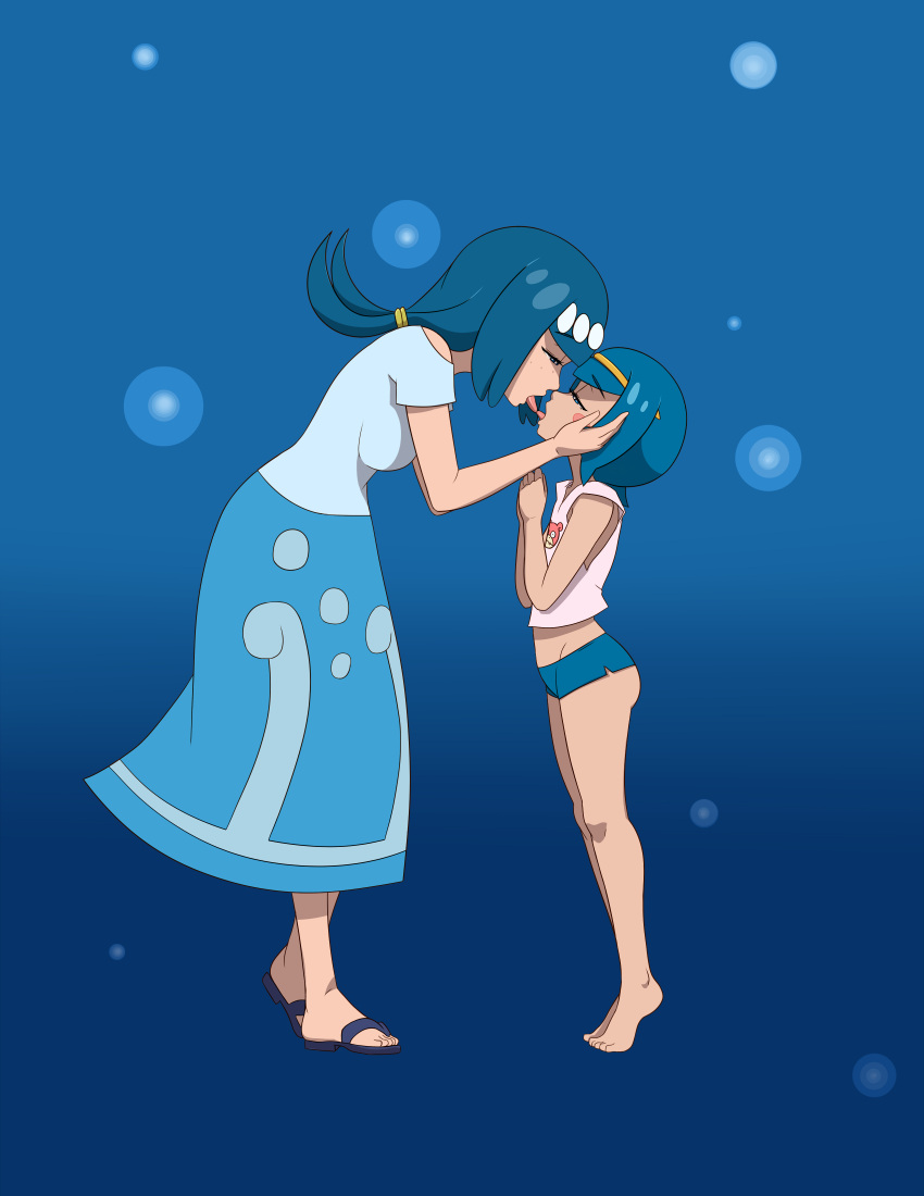 2girls absurdres age_difference blue_eyes blue_hair commission commissioner_upload french_kiss full_body harper_(pokemon) headband height_difference highres incest kissing lana's_mother_(pokemon) m-a-v-e-r-i-c-k mother_and_daughter multiple_girls open_mouth pokemon pokemon_(anime) pokemon_sm_(anime) tongue tongue_out yuri