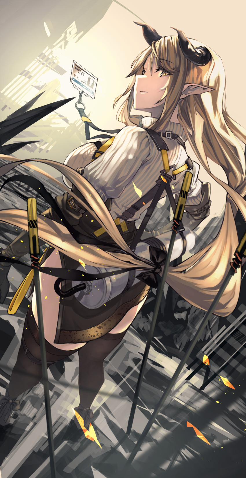 arknights fujita_(condor) horns meteorite_(arknights) pointy_ears sweater thighhighs