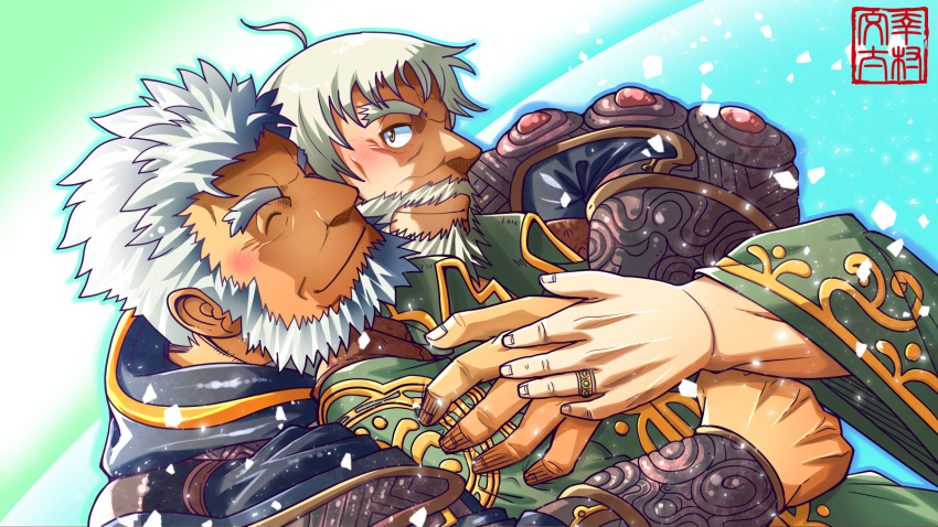 2boys ahoge armor bacchus_(f-kare) bara beard blue_background blush bunta_ru closed_eyes closed_mouth commentary_request dark-skinned_male dark_skin facial_hair gradient_background green_background green_eyes highres hug hug_from_behind jewelry light_particles looking_at_another male_focus multiple_boys muscular muscular_male nidhogg_(f-kare) old old_man partial_commentary ring short_hair shoukan_yuusha_to_f-kei_kareshi simple_background smile thick_eyebrows