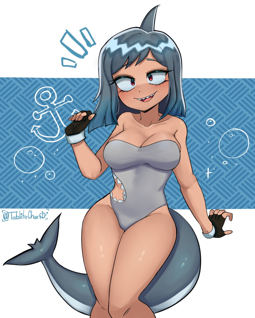 anchor art_trade bare_shoulders black_gloves borrowed_character breasts cleavage feet_out_of_frame female fingerless_gloves fins fish_tail glint gloves grey_hair grey_one-piece_swimsuit hand_up highres looking_at_viewer medium_breasts medium_hair one-piece_swimsuit original parted_lips red_eyes shadow shark_fin shark_girl shark_tail sharkini sharp_teeth smile solo speech_bubble strapless strapless_one-piece_swimsuit swimsuit tablitachan tail teeth twitter_username