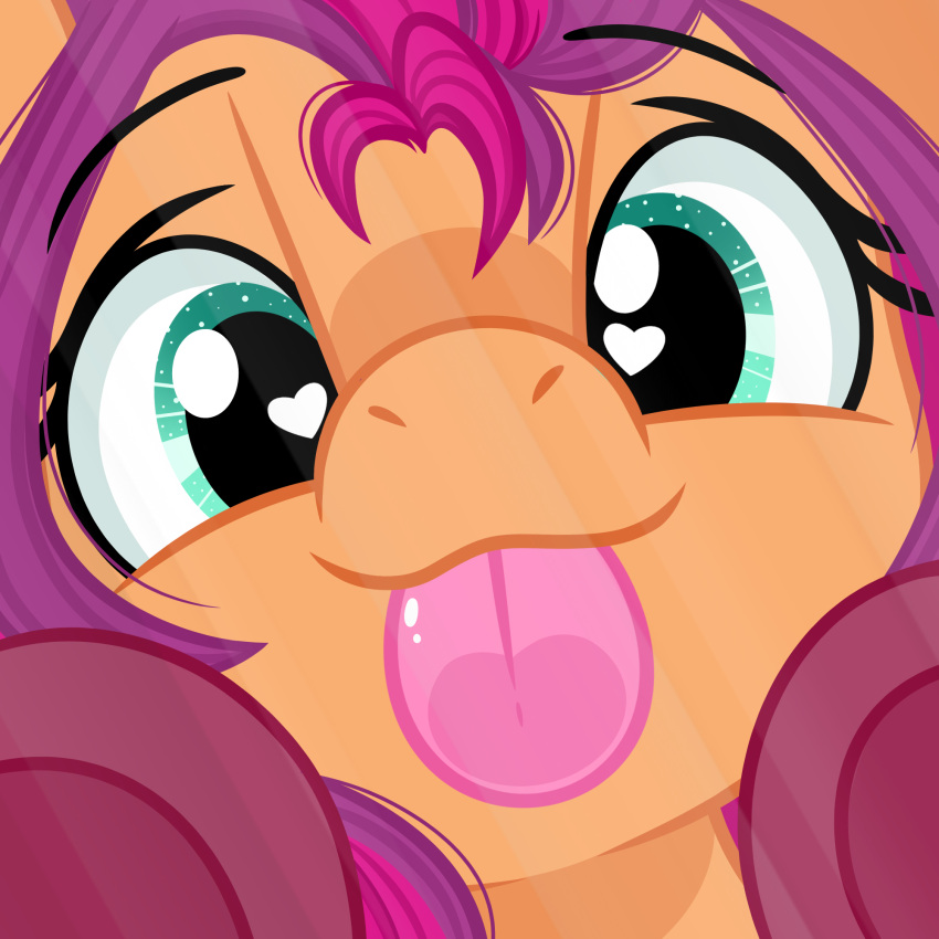 1:1 breaking_the_fourth_wall digital_media_(artwork) earth_pony emberslament equid equine eyebrows eyelashes female green_eyes hair hasbro hi_res hooves horse licking looking_at_viewer mammal mlp_g5 multicolored_hair my_little_pony orange_body pink_hair pink_tongue pony purple_hair smile solo sunny_starscout_(mlp) tongue tongue_out two_tone_hair