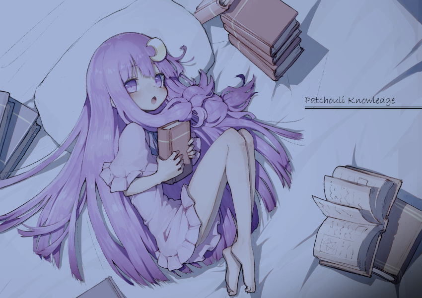 barefoot book character_name commentary_request crescent crescent_hair_ornament day dress female frilled_dress frilled_sleeves frills fukutchi hair_between_eyes hair_ornament highres holding holding_book long_hair no_headwear on_bed pajamas patchouli_knowledge pillow purple_dress purple_eyes purple_hair touhou