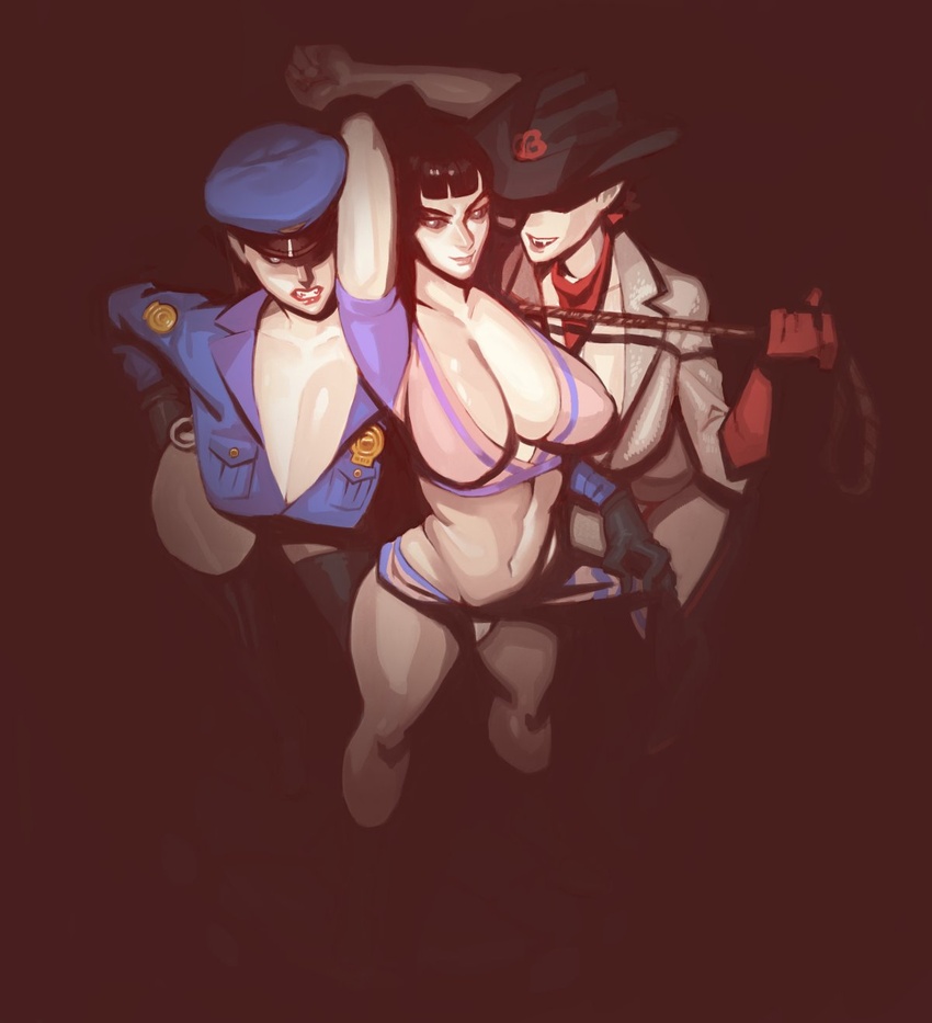 3girls black_background black_hair black_headwear blue_headwear blunt_bangs bound bound_wrists breasts cleavage cowboy cowboy_hat cowboy_western cromwaits dark fangs gloves hat highres huge_breasts imminent_rape large_breasts multiple_girls navel police police_uniform policewoman red_gloves uniform vampire vampire:_the_masquerade_-_bloodlines world_of_darkness yuri