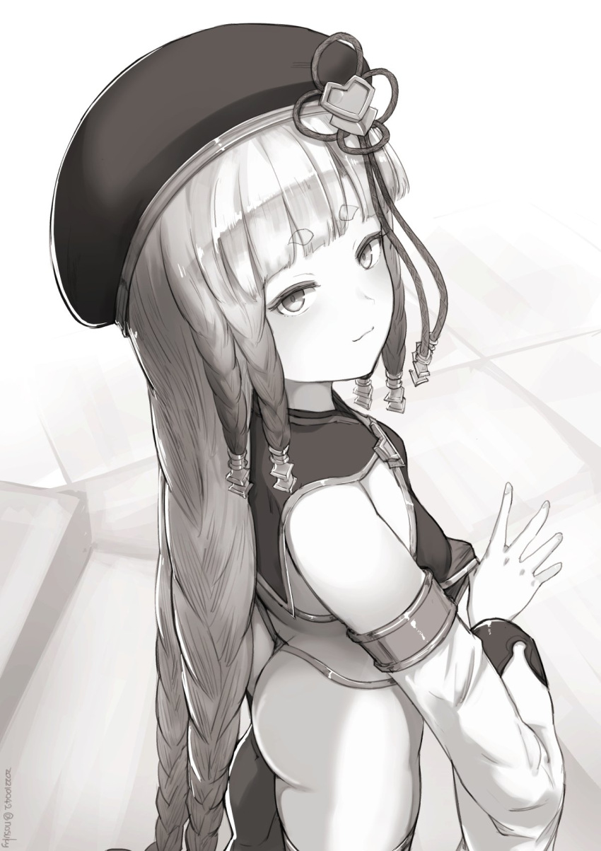 armlet ass bare_shoulders beret blunt_bangs blush braid breasts detached_sleeves dress erune eyeliner female granblue_fantasy greyscale hat highres long_hair looking_at_viewer looking_back makeup monochrome multiple_braids nosuku pholia quad_braids short_eyebrows side_braids small_breasts smile solo very_long_hair wide_sleeves