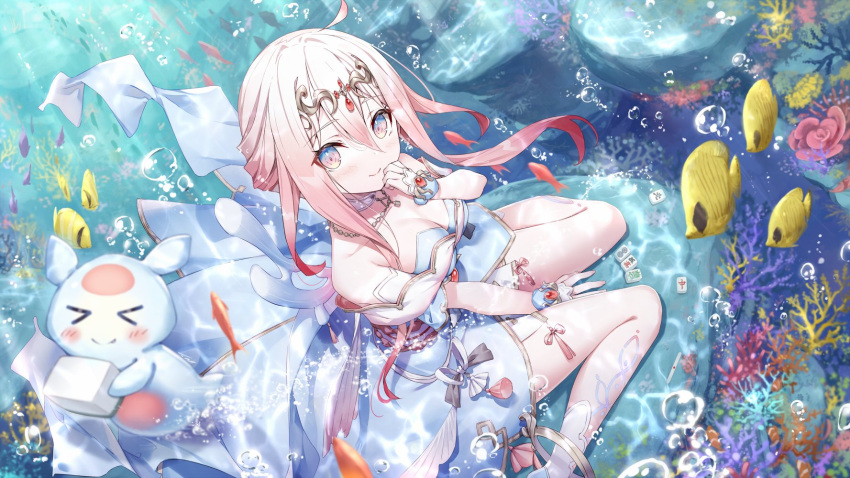 air_bubble bare_shoulders blush breasts bubble butterflyfish cleavage commentary_request coral coral_reef dress female first_stage_production fish from_above gabiran hair_between_eyes hand_to_own_mouth highres long_hair looking_at_viewer medium_breasts pink_eyes pink_hair ryugahama_yue sea_angel sitting smile solo submerged tiara tropical_fish underwater virtual_youtuber wariza white_dress