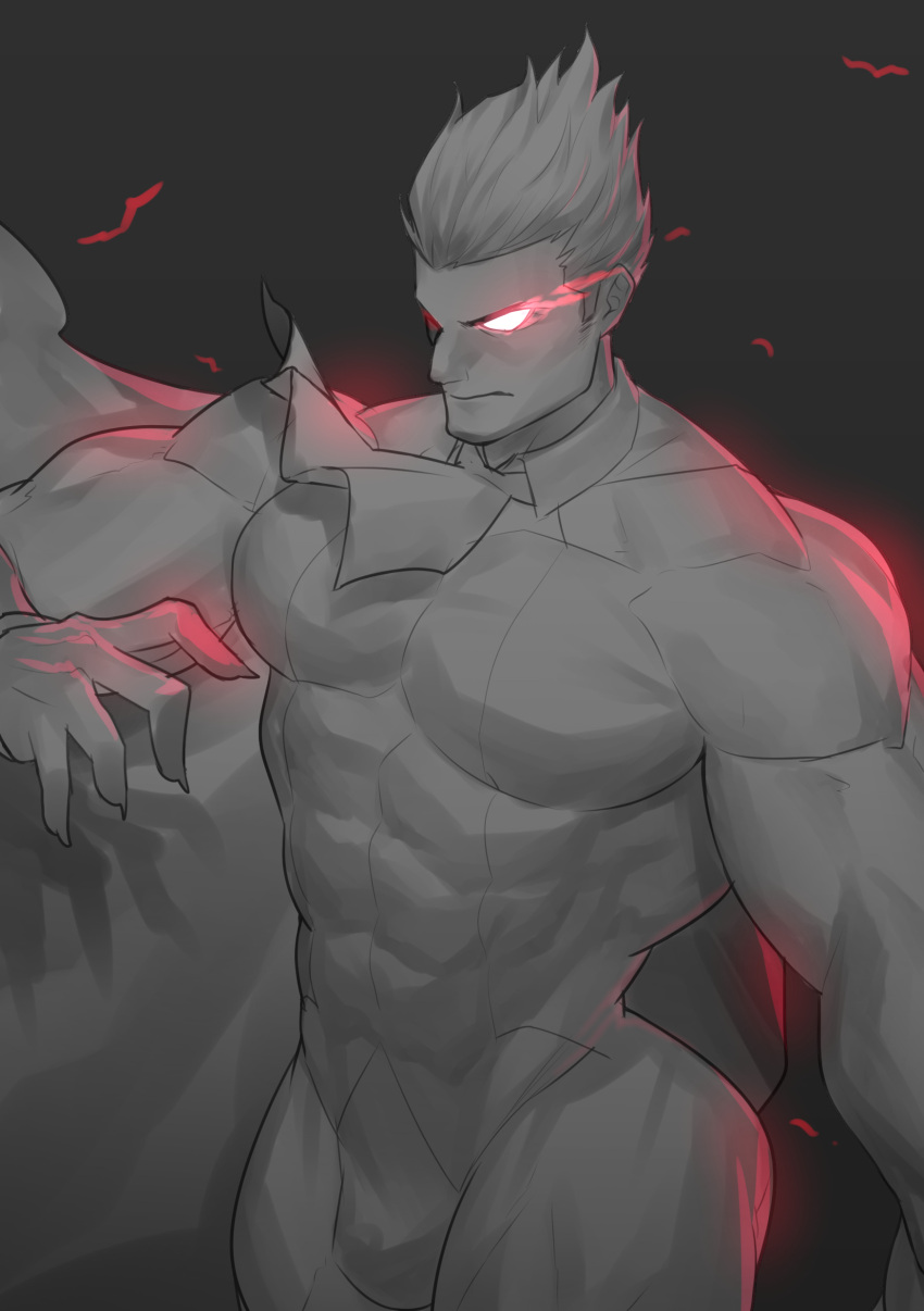 1boy absurdres bara bodysuit bulge demitri_maximoff from_above glowing glowing_eyes highres hunterkay large_pectorals looking_ahead male_focus muscular muscular_male pectorals short_hair solo spiked_hair thick_thighs thighs v-taper vampire_(game)