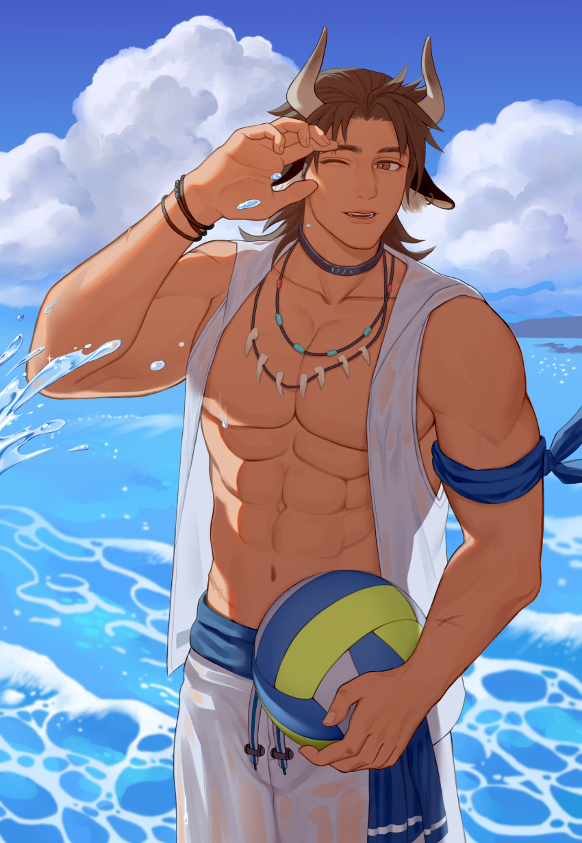 1boy abs absurdres animal_ears arknights bandana bara bare_pectorals beach blue_sky brown_eyes brown_hair bulge clothes_around_waist cloud cow_boy cow_ears cow_horns day earrings highres hood hooded_jacket hoodie horns jacket jewelry ketanbakar large_pectorals male_focus male_swimwear matterhorn_(arknights) matterhorn_(beach_guard)_(arknights) medium_hair muscular muscular_male navel nipples official_alternate_costume outdoors pectorals shirt shirt_around_waist shorts sky sleeveless sleeveless_hoodie sleeveless_jacket solo stomach swim_trunks water water_drop wet wet_clothes wet_shirt wet_shorts white_jacket