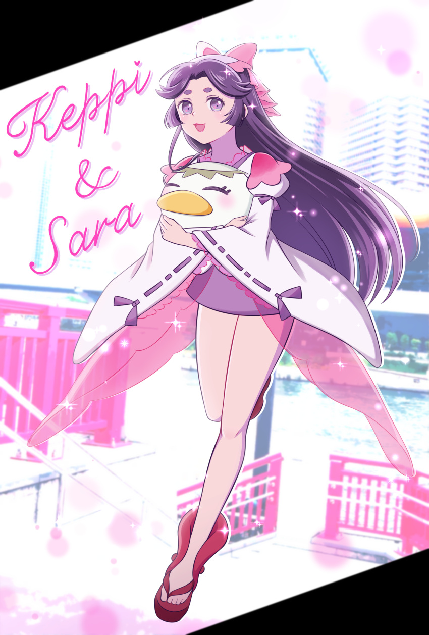 :d absurdres azuma_sara black_hair blurry blurry_background bow character_name female full_body hairbow highres kappa keppi mesyoko open_mouth outdoors photo_background pink_bow purple_eyes ribbon-trimmed_sleeves ribbon_trim sandals sarazanmai smile wide_sleeves