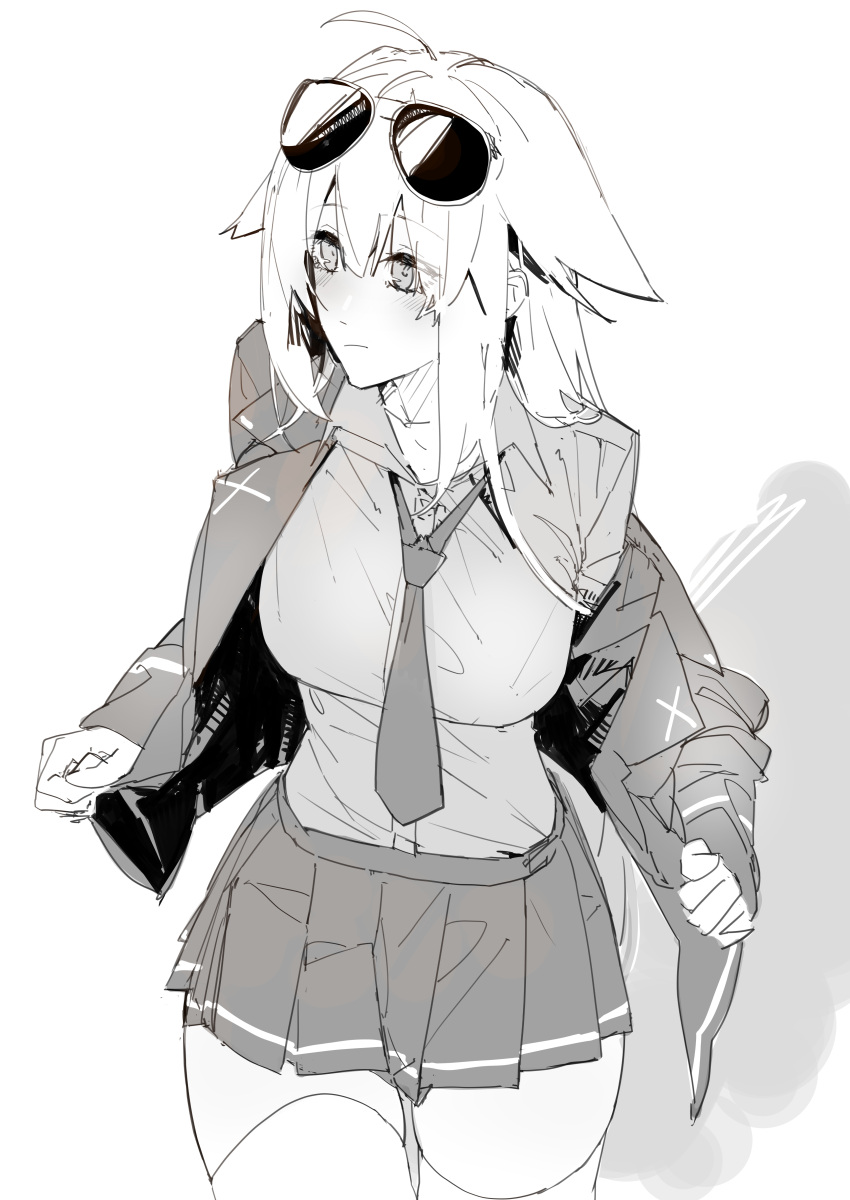 absurdres ahoge asimo_(hakurei10201) aviator_sunglasses bad_id bad_pixiv_id black_skirt blazer breasts closed_mouth eyewear_on_head female girls'_frontline greyscale highres jacket large_breasts long_hair looking_to_the_side m1918_(girls'_frontline) monochrome necktie pleated_skirt skirt solo sunglasses thighhighs