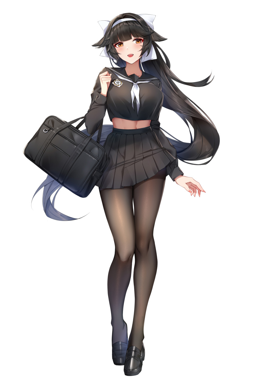 :d absurdres azur_lane bag black_footwear black_hair black_pantyhose black_serafuku black_shirt black_skirt blunt_bangs blush bow breasts brown_eyes chinese_commentary commentary_request crop_top female fingernails full_body hairband hairbow highres large_breasts loafers long_fingernails long_hair long_sleeves looking_at_viewer md5_mismatch midriff midriff_peek miniskirt nail_polish navel neckerchief official_alternate_costume open_mouth pantyhose pink_nails pleated_skirt ponytail school_bag school_uniform serafuku shirt shoes skirt smile solo takao_(azur_lane) takao_(school_romanza)_(azur_lane) very_long_hair white_bow white_hairband white_neckerchief wu_ganlan_cai