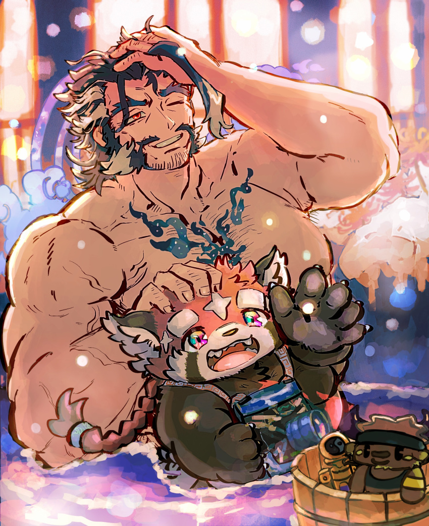 2boys affectionate bara beard beard_stubble blue_hair character_doll chest_hair daikoku_(housamo) dark_blue_hair facial_hair furry furry_male halo halo_behind_head hamunosuke_(buta5kawa) hand_in_own_hair headpat highres large_pectorals male_focus mature_male merchandise moustache multiple_boys muscular muscular_male mutton_chops nude onsen pectorals red_panda_ears shennong_(housamo) size_difference smile snowing stubble thick_eyebrows tokyo_afterschool_summoners upper_body white_hair zhurong_(housamo)