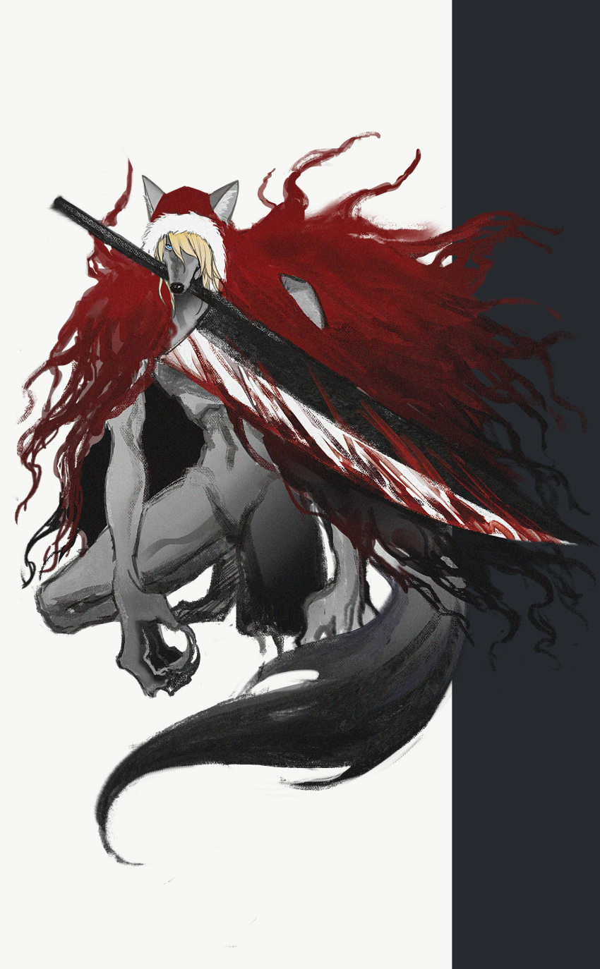 absurdres black_souls blonde_hair blood blood_on_weapon blue_eyes cape female furry furry_female greatsword highres hood hooded_cape monster_girl mouth_hold red_cape red_hood_(black_souls) simple_background sio2_(whynotkarma) solo sword weapon white_background wolf_girl