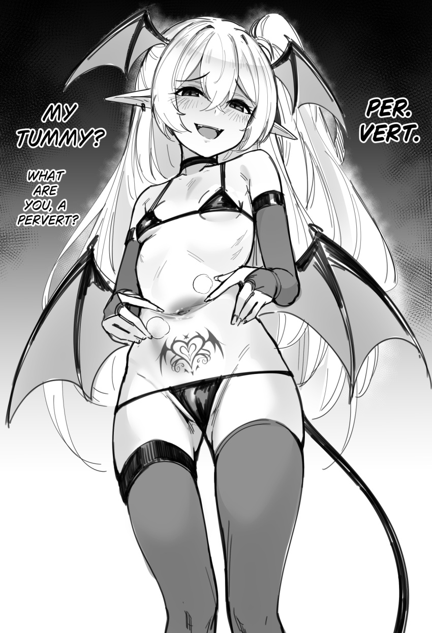 bikini breasts bridal_gauntlets choker demon_girl demon_tail demon_wings english_commentary english_text female greenopi greyscale hair_between_eyes head_wings highres lin_(greenopi) long_hair looking_at_viewer mesugaki monochrome open_mouth original pointy_ears pubic_hair small_breasts smile solo spread_navel stomach stomach_tattoo swimsuit tail tattoo thighhighs wings