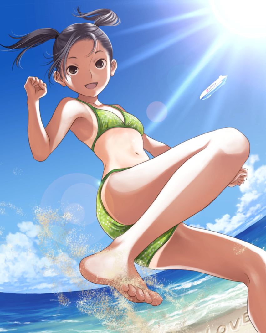 aircraft backlighting bare_shoulders barefoot beach bikini black_eyes black_hair blue_sky clenched_hands cloud day dirigible female flat_chest green_bikini hand_up highres horizon kicking kobayakawa_rinko lens_flare light_rays looking_at_viewer love_plus navel ocean official_alternate_hairstyle official_art open_mouth outdoors sand shadow shore short_hair sky smile solo standing standing_on_one_leg sunlight swimsuit toenails toes twintails water