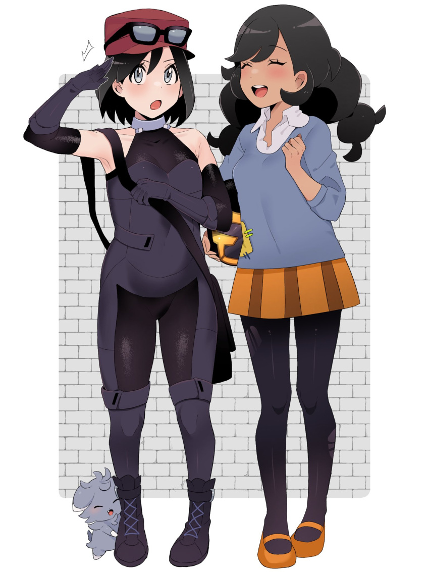 1boy :d :o bag black_bag black_hair black_pantyhose bodysuit calem_(pokemon) closed_eyes collared_shirt commentary_request emma_(pokemon) espurr eyelashes eyewear_on_headwear female gloves grey_sweater hand_up hat highres holding long_hair open_mouth orange_footwear pantyhose pokemon pokemon_(creature) pokemon_xy red_hat sana_(37pisana) shirt shoes shoulder_bag sleeves_past_elbows smile standing sunglasses sweater teeth upper_teeth_only white_shirt