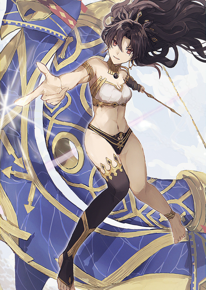 absurdres anohito_(amaruno110) arm_warmers armlet asymmetrical_legwear asymmetrical_sleeves bare_shoulders bikini black_hair breasts detached_sleeves earrings elbow_gloves fate/grand_order fate_(series) female gloves heavenly_boat_maanna highres hoop_earrings ishtar_(fate) jewelry long_hair medium_breasts mismatched_bikini navel neck_ring parted_bangs pointing red_eyes single_arm_warmer single_detached_sleeve single_elbow_glove single_thighhigh smile solo swimsuit thighhighs tiara two_side_up uneven_legwear uneven_sleeves