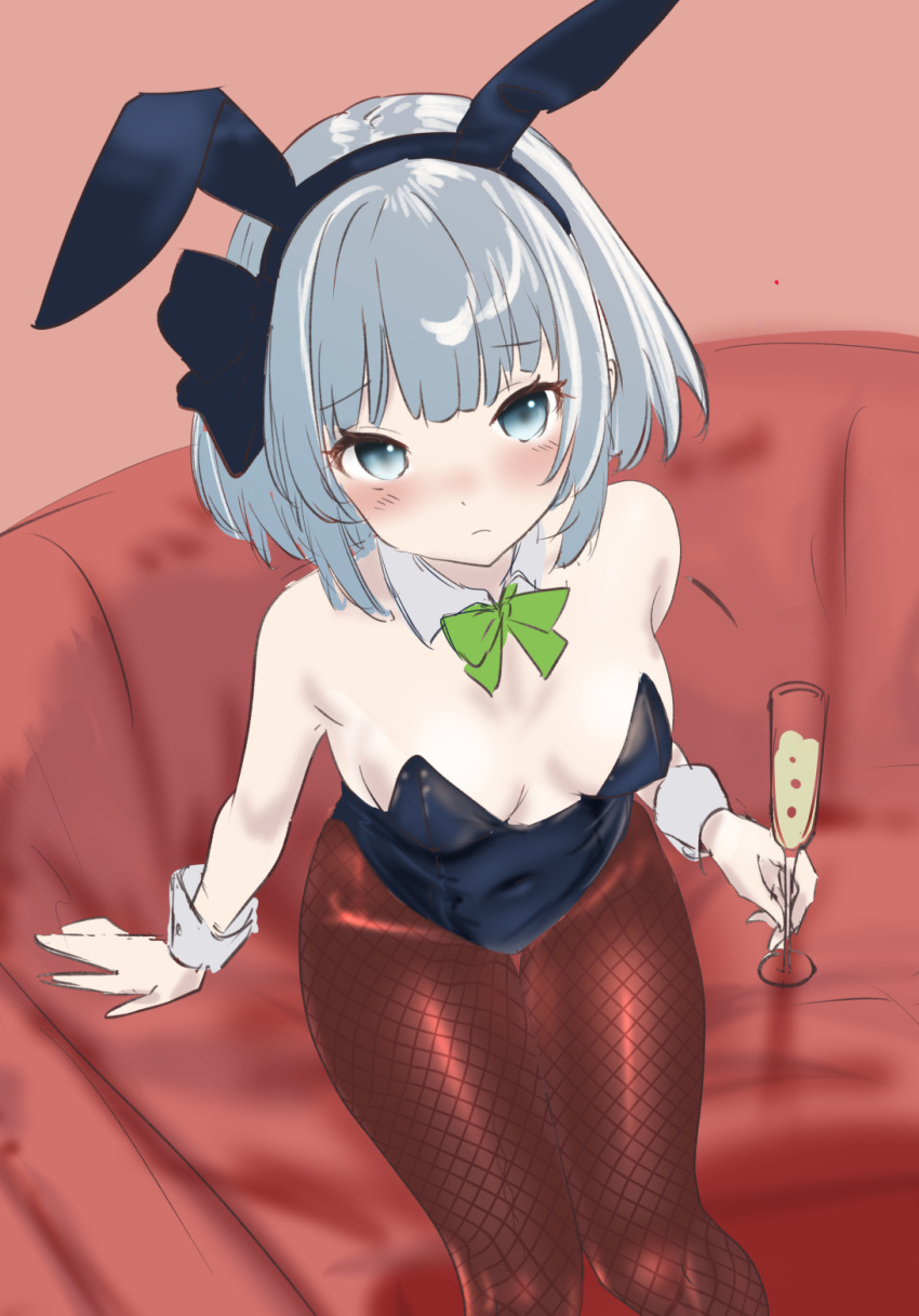 animal_ears black_leotard bow bowtie breasts brown_pantyhose champagne_flute commentary_request couch cup detached_collar drinking_glass fake_animal_ears feet_out_of_frame female fishnet_pantyhose fishnets green_bow green_bowtie grey_eyes grey_hair highres konpaku_youmu leotard pantyhose playboy_bunny rabbit_ears rabbit_tail short_hair sitting small_breasts soara_shimomo solo strapless strapless_leotard tail touhou wrist_cuffs