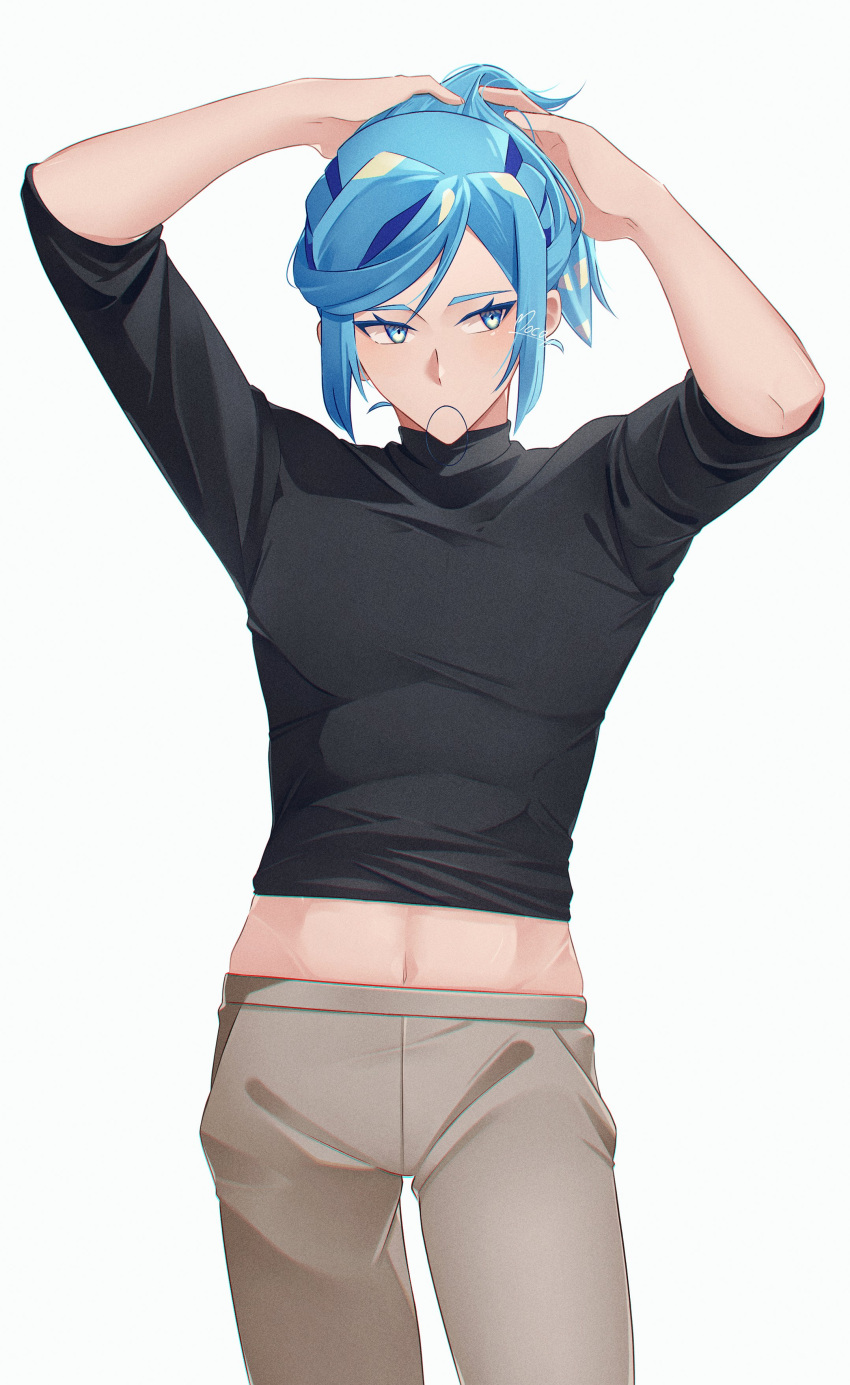 1boy absurdres adjusting_hair arms_up black_shirt blue_eyes blue_hair commentary_request cowboy_shot cropped_shirt eyelashes grusha_(pokemon) hair_tie_in_mouth highres male_focus mocacoffee_1001 mouth_hold pants pokemon pokemon_sv shirt sideways_glance solo white_background