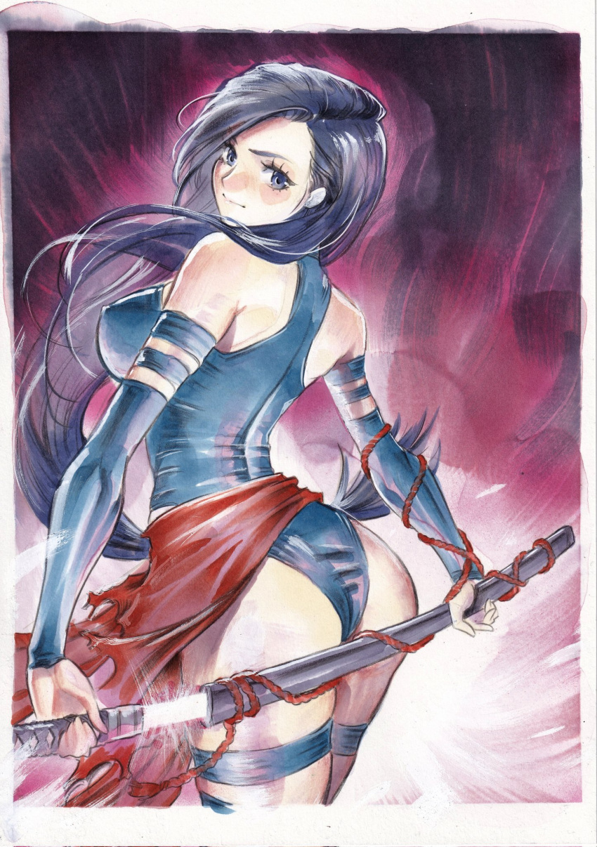 ass bare_shoulders black_hair blue_eyes blue_leotard breasts bridal_gauntlets closed_mouth commentary female highleg highleg_leotard highres holding holding_weapon katana leotard long_hair looking_at_viewer looking_back marvel medium_breasts psylocke rodrigo_yoshimiya sheath simple_background sleeveless solo sword thighs weapon x-men