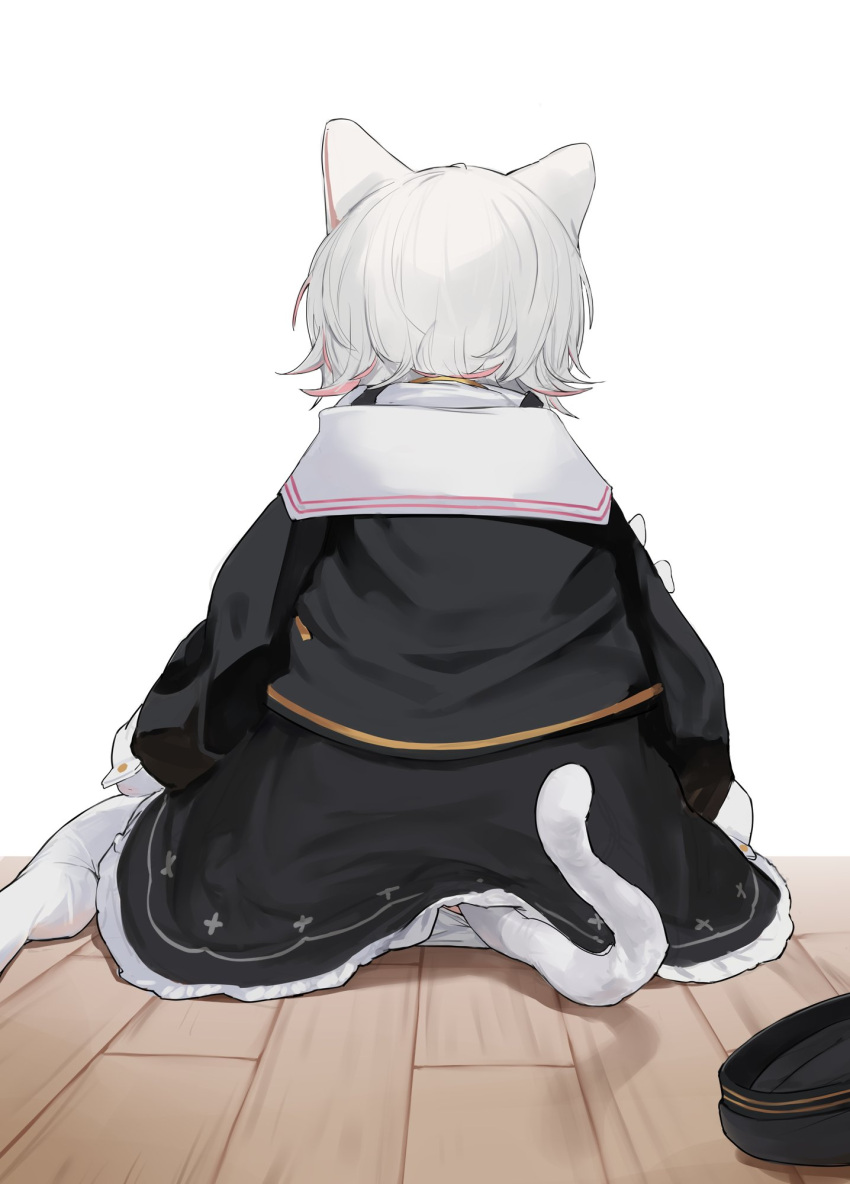 animal_ears black_jacket black_skirt cat_ears cat_girl cat_tail facing_away female from_behind highres jacket long_sleeves multicolored_hair panties pantyshot pink_hair pocche-ex sayo_(voicevox) simple_background skirt streaked_hair tail thighhighs two-tone_hair underwear voicevox white_background white_hair white_panties