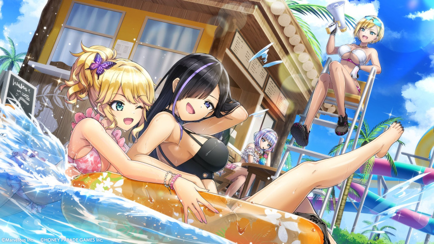 4girls bare_arms bare_legs bikini black_hair blonde_hair blue_eyes blue_sky bracelet cloud dark-skinned_female dark_skin dolphin_wave drinking_straw drinking_straw_in_mouth eyewear_on_head frilled_bikini frills green_eyes hair_over_one_eye highres izumi_kiri jewelry kukuri_tomo kurose_minami long_hair multicolored_hair multiple_girls murahaya_mashio nail_polish official_art one_eye_closed ootomo_takuji open_mouth palm_tree ponytail pool purple_hair short_hair sitting sky striped_hair swim_ring swimsuit tree