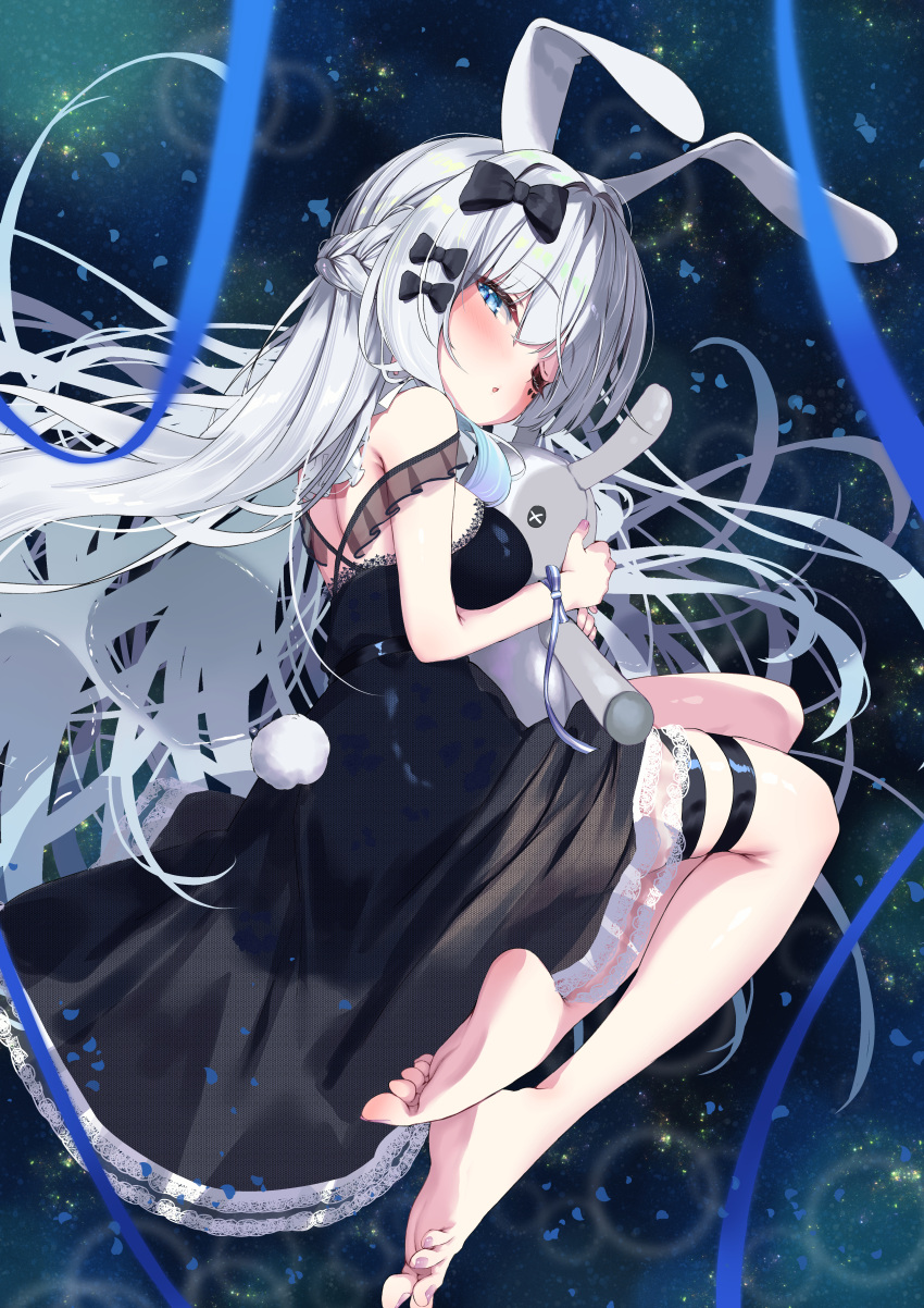 absurdres animal_ears barefoot black_bow black_dress blue_eyes blue_ribbon blurry blurry_foreground blush bow braid breasts commentary_request dress eyelashes feet female from_side grey_hair hair_between_eyes hairbow head_tilt highres invisible_chair lace-trimmed_dress lace_trim large_breasts legs lens_flare long_hair looking_at_viewer nail_polish nyahu_(nyahu_77) off-shoulder_dress off_shoulder one_eye_closed original rabbit_ears ribbon sidelocks sitting skindentation solo spread_toes stuffed_animal stuffed_rabbit stuffed_toy thigh_strap toenail_polish toenails toes white_ribbon