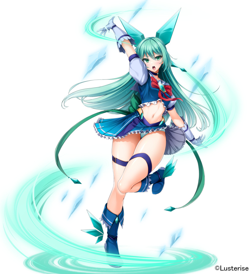 blue_shirt blue_skirt breasts calpish female full_body gloves green_hair head_wings highres lusterise midriff navel panties pussy_juice shirt simple_background skirt small_breasts solo top-down_bottom-up underwear white_background white_gloves white_panties wings