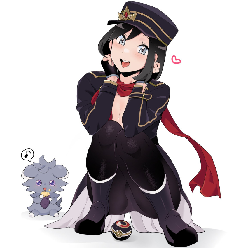 1boy :d black_gloves black_hair black_hat boots calem_(champion)_(pokemon) calem_(pokemon) commentary_request espurr fingerless_gloves food gloves grey_eyes hands_up hat heart highres looking_at_viewer luxury_ball male_focus musical_note official_alternate_costume open_mouth pants poke_ball pokemon pokemon_(creature) pokemon_masters_ex red_scarf sana_(37pisana) scarf short_hair smile spoken_musical_note squatting sweet_potato teeth tongue upper_teeth_only