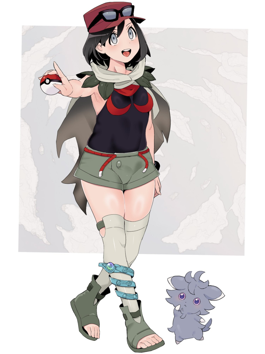 1boy :d black_hair black_shirt calem_(pokemon) cape commentary_request cosplay espurr eyewear_on_headwear grey_eyes hat highres holding holding_poke_ball male_focus open_mouth over-kneehighs poke_ball poke_ball_(basic) pokemon pokemon_(creature) pokemon_oras pokemon_xy red_hat rope_belt sana_(37pisana) shirt shoes short_hair shorts smile standing sunglasses teeth thighhighs toeless_footwear toes tongue upper_teeth_only zinnia_(pokemon) zinnia_(pokemon)_(cosplay)