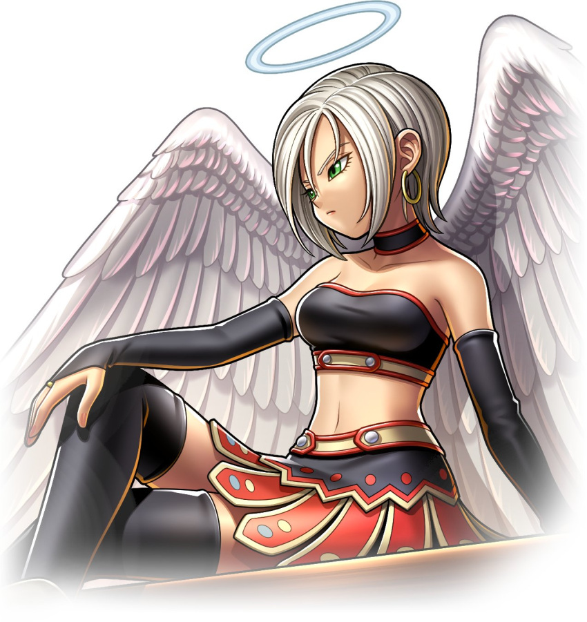 angel angel_wings artist_request bare_shoulders black_bridal_gauntlets black_choker black_thighhighs black_tube_top breasts bridal_gauntlets choker cleavage crossed_legs dragon_quest dragon_quest_ix dragon_quest_rivals earrings frown game_cg gold_earrings green_eyes halo highres hoop_earrings jewelry medium_breasts midriff navel official_art parted_hair raviel red_trim resized short_hair sitting skirt solo strapless thighhighs third-party_source tube_top upscaled white_background white_hair white_halo white_wings wings