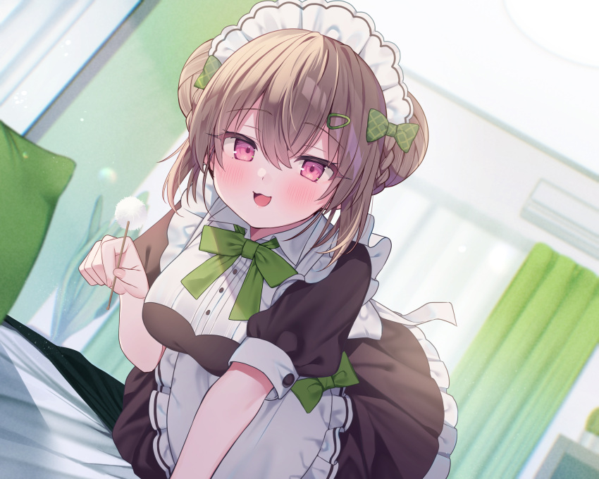 :3 absurdres air_conditioner all_fours apron bed bed_sheet black_dress blurry blurry_background blush bow breasts brown_hair ceiling curtains dress ebihara_beniko female hair_between_eyes hair_ornament hairbow hairclip highres indoors looking_at_viewer maid maid_apron maid_headdress medium_breasts mimikaki non-web_source on_bed open_mouth original pillow purple_eyes short_sleeves sidelocks smile solo white_apron window