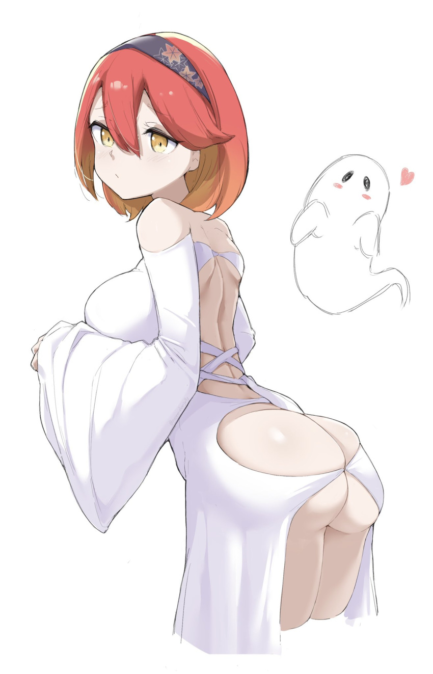 ass ass_focus breasts closed_mouth female ghost ghost_costume ghost_pose halloween halloween_costume headband heart highres ikigai kureha_(senran_kagura) large_breasts leaf_print maple_leaf_print medium_hair multicolored_hair naked_costume orange_eyes orange_hair red_hair senran_kagura sheet_ghost skindentation two-tone_hair