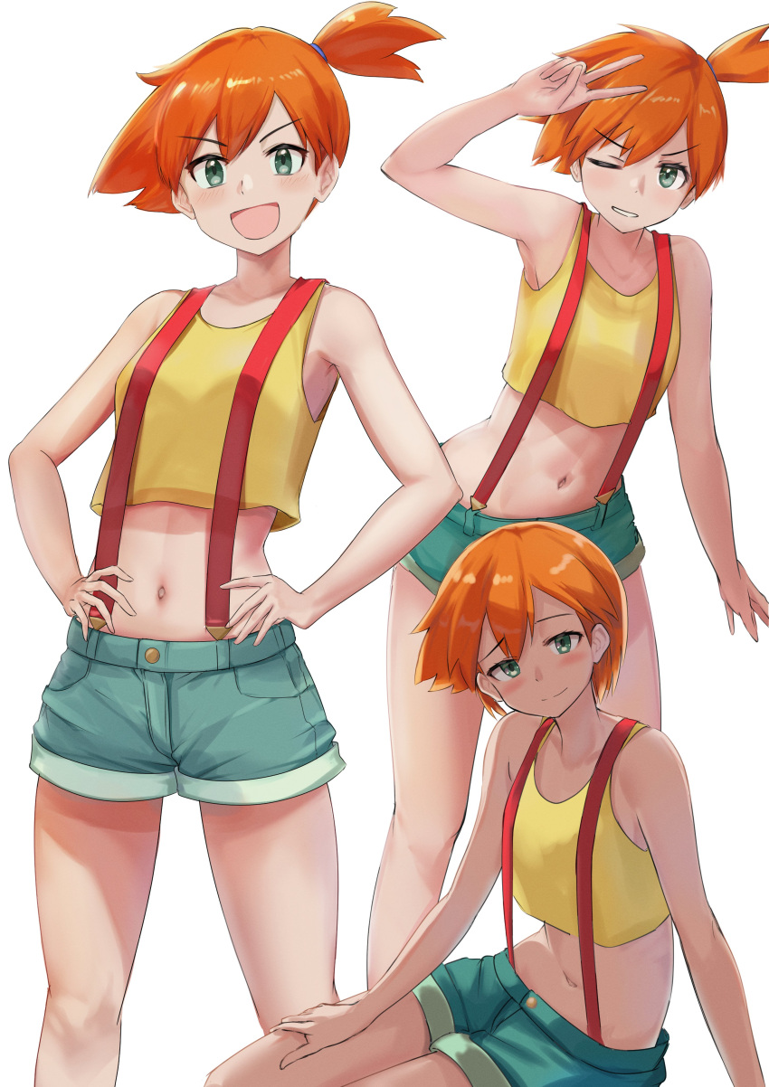 :d absurdres arm_up blush closed_mouth commentary_request cropped_shirt female green_eyes green_shorts grin hands_on_own_hips highres kasumi_(pokemon) midriff miyama_mizuki_(hoshihoshi1220) multiple_views navel one_eye_closed one_side_up open_mouth orange_hair pokemon pokemon_(anime) pokemon_(classic_anime) shirt short_shorts shorts simple_background sitting sleeveless sleeveless_shirt smile suspenders teeth v white_background yellow_shirt