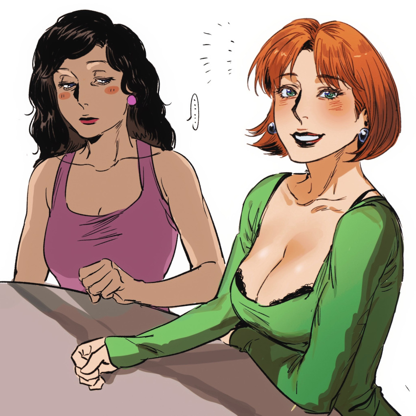 ... 2girls black_bra black_hair blue_eyes blush bonnie_swanson borderline7839 bra breasts cleavage dress earrings family_guy green_dress grin highres implied_yuri jewelry lois_griffin medium_breasts multiple_girls orange_hair photo-referenced purple_dress red_lips smile speech_bubble table underwear