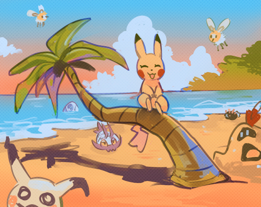 2018 ambiguous_gender beach cheek_spots cloud cutiefly day digital_media_(artwork) eyelashes female feral flavia-elric flavia_(flavia-elric) flying generation_1_pokemon generation_7_pokemon group hi_res looking_at_another mimikyu mouth_closed nintendo open_mouth open_smile outside palm_tree partially_submerged pikachu plant pokemon pokemon_(species) pyukumuku red_cheeks sand sandygast sea shadow sitting sky smile tail tree water wimpod wings wishiwashi yellow_body yellow_tail