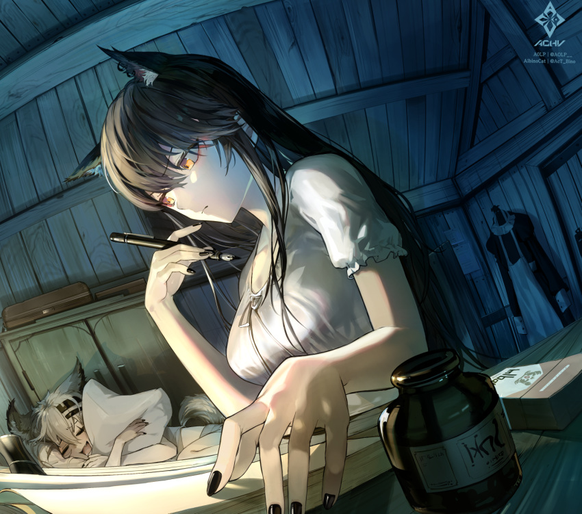 2girls a0lp animal_ear_fluff animal_ears arknights artist_logo artist_name black_hair black_nails bottle box breasts cabinet closed_eyes commentary dutch_angle english_commentary fisheye foreshortening grey_hair hair_over_shoulder highres holding holding_pen holding_pillow hugging_object indoors ink inkwell lappland_(arknights) large_breasts logo long_hair maid multiple_girls nail_polish nib_pen_(object) night open_mouth paper pen pillow pillow_hug scar scar_across_eye shelf shirt short_sleeves shorts sitting sleeping smile table tail texas_(arknights) white_shirt wolf_ears wolf_girl wolf_tail wooden_table yellow_eyes