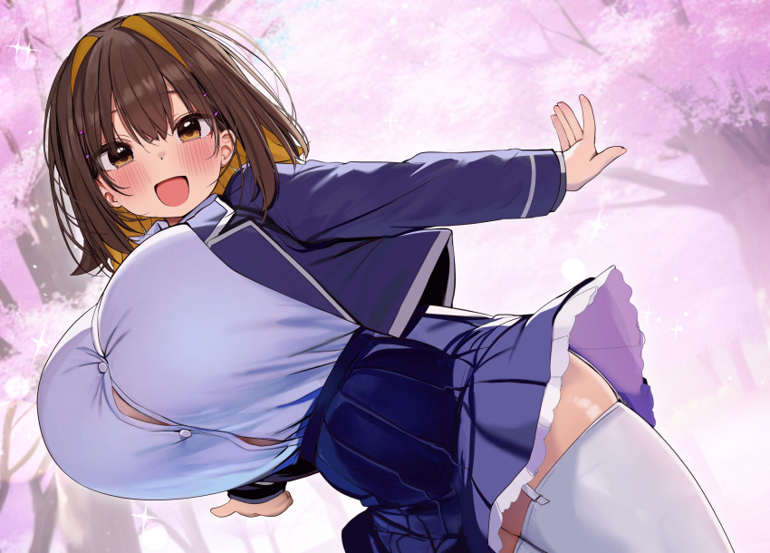 :d blue_jacket blue_skirt blush breasts brown_hair bursting_breasts cherry_blossoms colored_inner_hair commentary_request garter_straps highres huge_breasts jacket long_sleeves looking_at_viewer medium_hair multicolored_hair open_mouth orange_hair original outdoors rouka_(akatyann) school_uniform second-party_source shirt_tucked_in skirt smile standing tented_shirt thighhighs thighs tree two-tone_hair white_thighhighs zettai_ryouiki