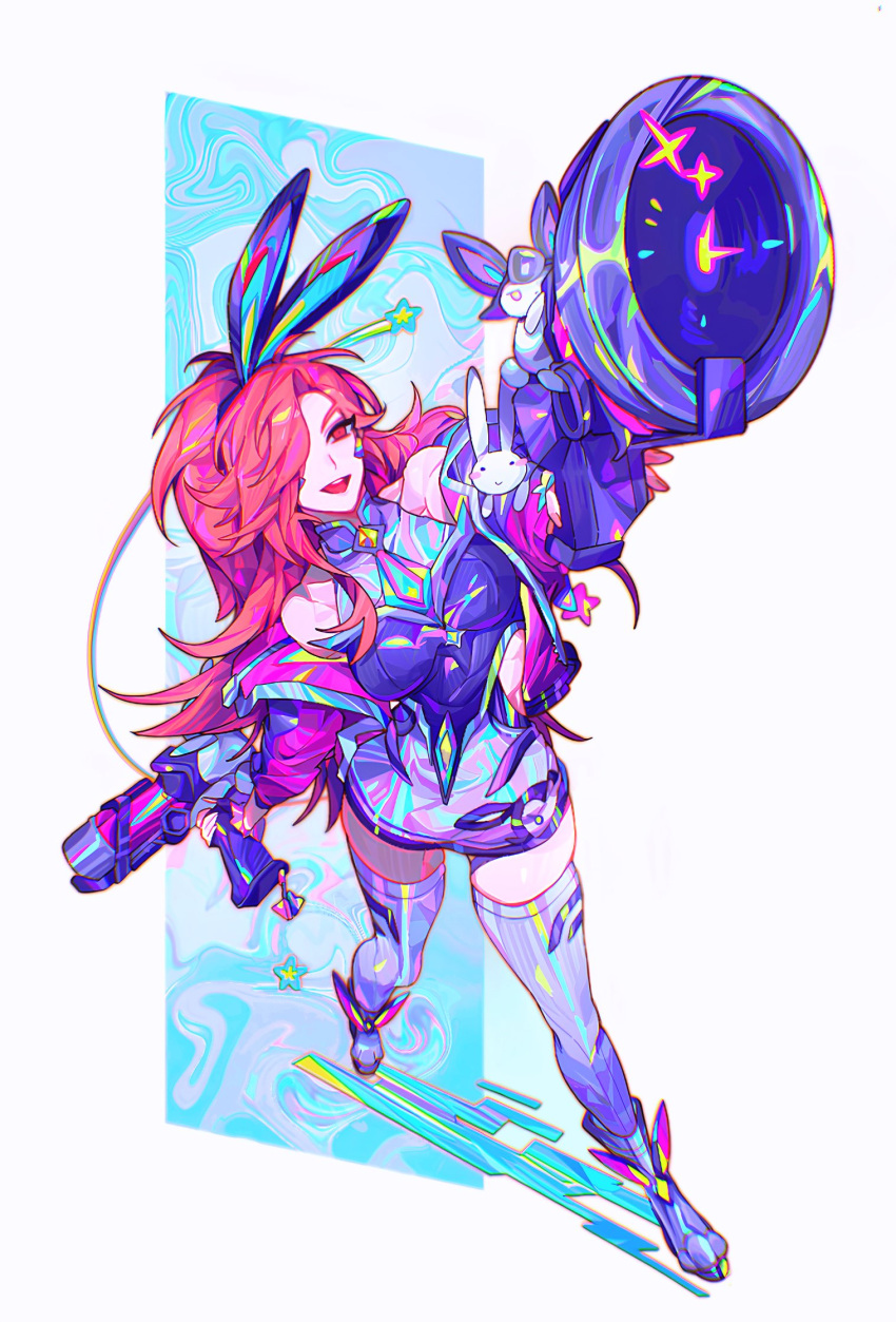 animal_ears bare_shoulders battle_bunny_miss_fortune boots dress energy_gun fake_animal_ears female foreshortening highres league_of_legends long_hair miss_fortune_(league_of_legends) ponytail rabbit_ears red_eyes red_hair rocket_launcher sigeumchimuchim sleeveless thighhighs tight_clothes tight_dress weapon