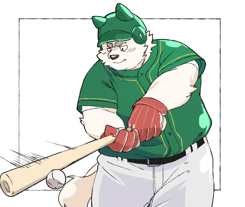 2024 anthro ball baseball_(ball) baseball_(sport) baseball_bat baseball_cap baseball_uniform bat_(object) bottomwear canid canine canis clothing domestic_dog gloves handwear hat headgear headwear hi_res inunoshippo kemono male mammal overweight overweight_male pants shirt simple_background solo sport sportswear topwear uniform