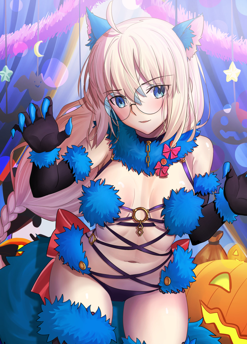 absurdres aesc_(fate) aesc_(rain_witch)_(fate) animal_ears bare_shoulders black_gloves black_panties black_thighhighs blonde_hair blue_eyes blush bow braid breasts cleavage cosplay elbow_gloves fate/grand_order fate_(series) female fur-trimmed_gloves fur-trimmed_legwear fur_collar fur_trim glasses gloves highres lace-trimmed_legwear lace_trim long_hair longdq3008 looking_at_viewer mash_kyrielight mash_kyrielight_(dangerous_beast) mash_kyrielight_(dangerous_beast)_(cosplay) medium_breasts navel o-ring panties parted_lips ponytail revealing_clothes round_eyewear solo tail thighhighs underwear wolf_ears wolf_tail