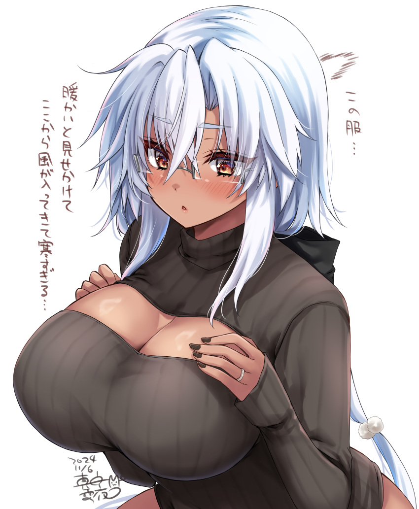 absurdres alternate_costume black_nails black_sweater breasts brown_eyes cleavage_cutout clothing_cutout dark-skinned_female dark_skin female glasses grey-framed_eyewear grey_hair hair_between_eyes highres huge_breasts jewelry kantai_collection long_hair long_sleeves mashiro_yukiya musashi_(kancolle) musashi_kai_ni_(kancolle) rectangular_eyewear ring sakuramon solo sweater translation_request twintails upper_body very_long_hair wedding_ring