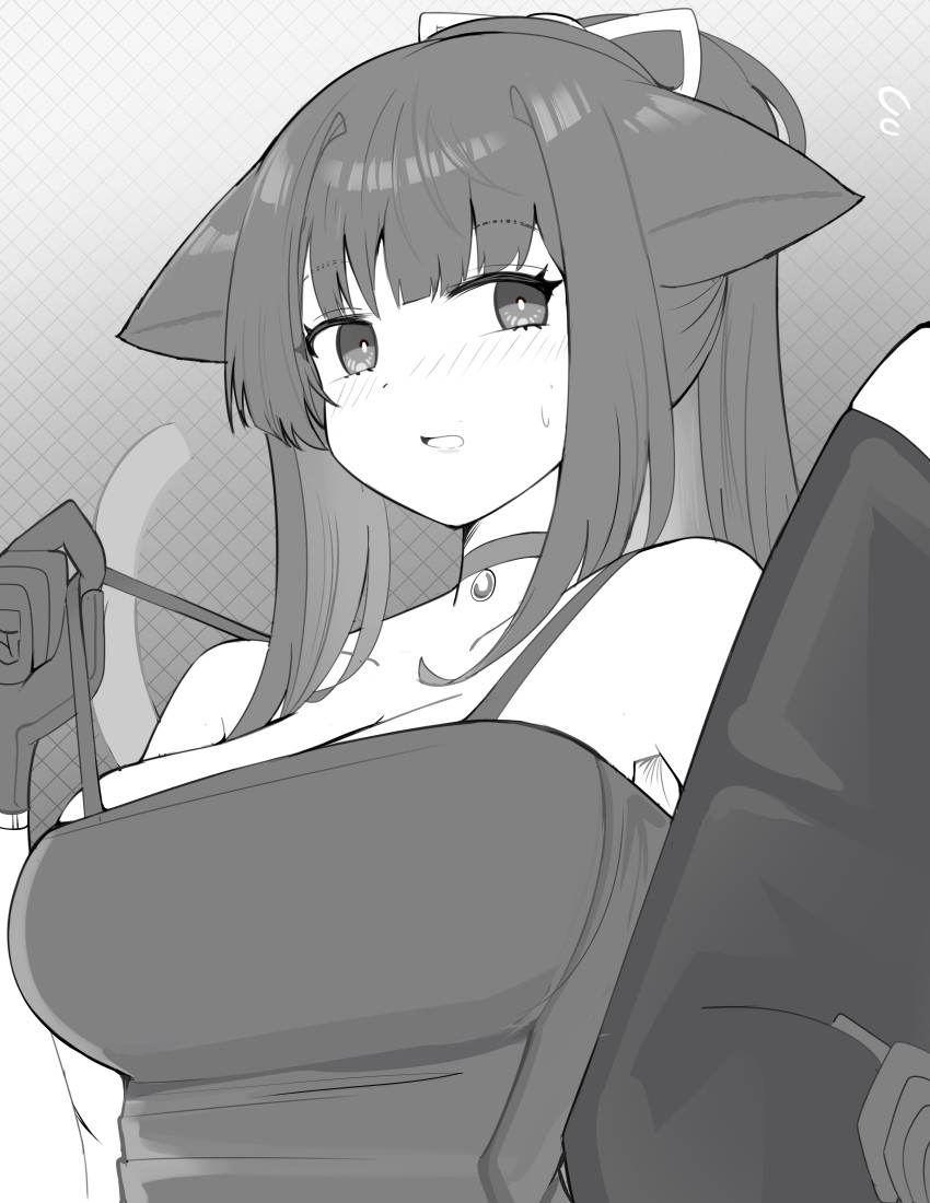 1boy absurdres animal_ears arknights bare_shoulders blush breasts camisole cat_ears choker cleavage commentary_request doctor_(arknights) female flying_sweatdrops gloves grey_background greyscale hair_ribbon highres jessica_(arknights) jessica_the_liberated_(arknights) large_breasts lifting_own_clothes long_hair monochrome nose_blush parted_lips ponytail ribbon sidelocks solo_focus spam_(spamham4506) strap_lift sweat