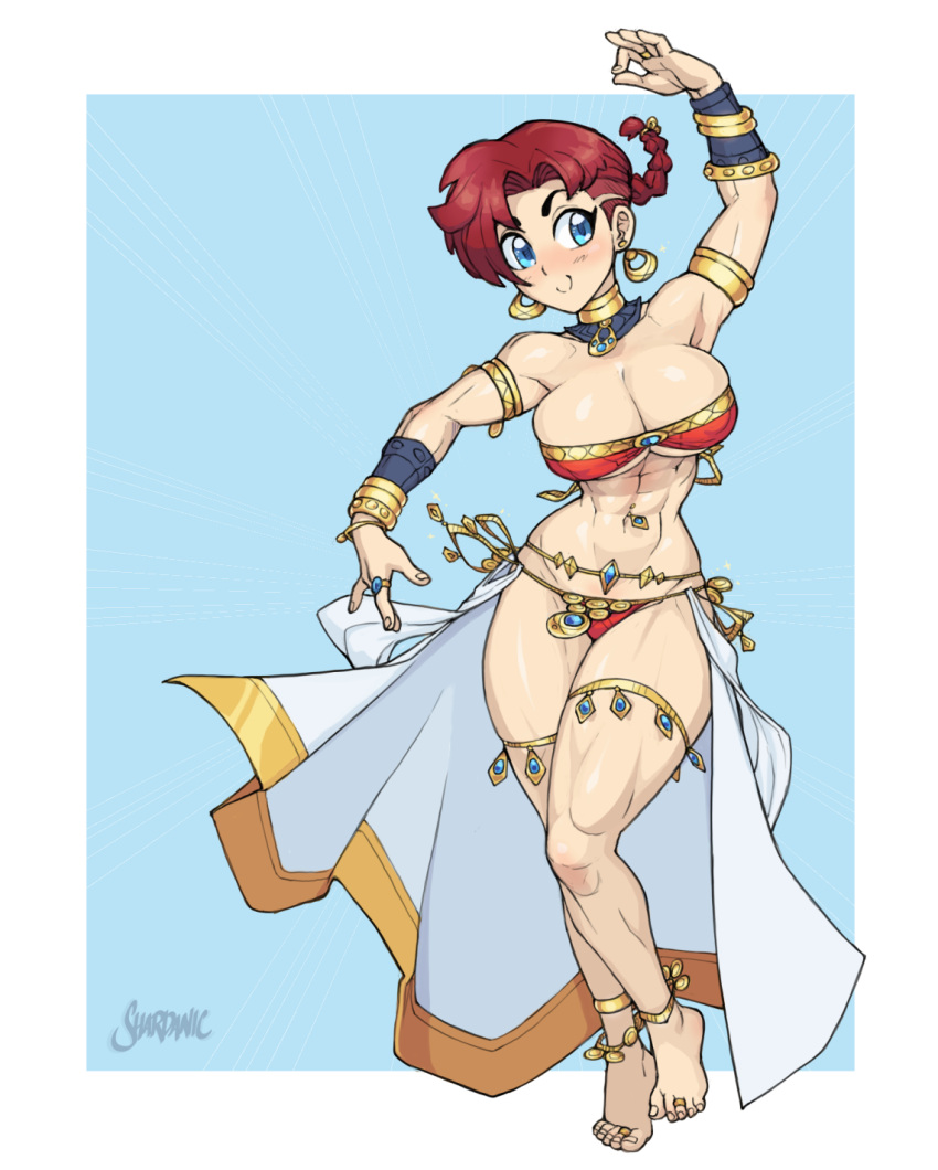 barefoot belly_dancing blue_background blue_eyes commission female highres muscular red_hair shardanic