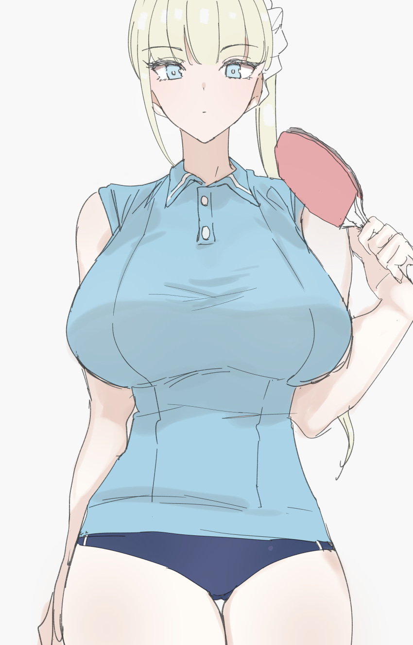 absurdres bare_shoulders blonde_hair blue_buruma blue_eyes breasts buruma commentary_request expressionless female gensou_pump highres holding_table_tennis_paddle large_breasts long_hair looking_at_viewer original paddle ponytail simple_background solo table_tennis_paddle white_background