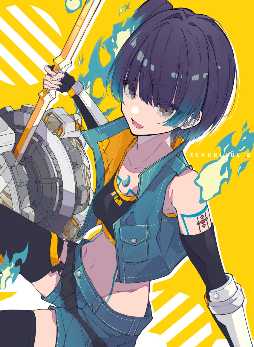 absurdres bare_shoulders black_gloves black_sports_bra blue_fire blue_hair body_markings breasts brown_eyes chest_jewel collared_vest crop_top cropped_vest denim denim_shorts denim_vest elbow_gloves female fiery_hair fire gloves hammer highres holding holding_hammer midriff navel open_clothes open_vest sena_(xenoblade) short_shorts shorts shoulder_strap side_ponytail small_breasts smile solo sports_bra user_ugch2557 vest xenoblade_chronicles_(series) xenoblade_chronicles_3