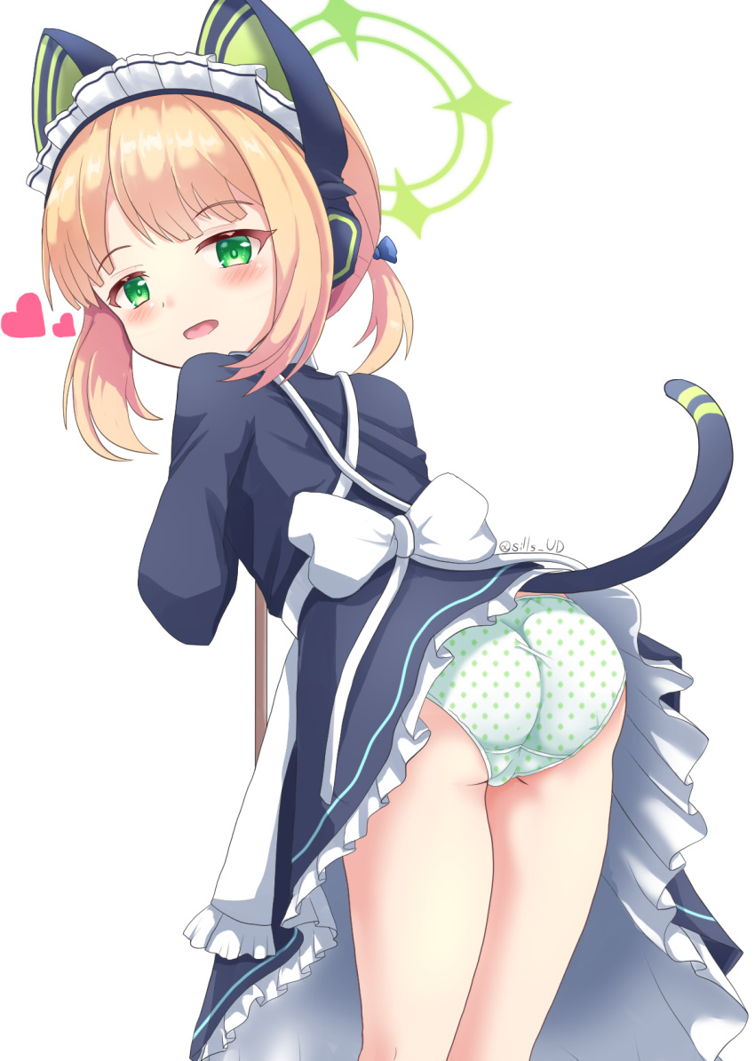 animal_ear_headphones animal_ears apron ass black_dress blonde_hair blue_archive blush commentary_request dress fake_animal_ears female frilled_apron frilled_dress frills from_behind green_eyes green_panties halo headphones heart highres leaning_forward looking_at_viewer looking_back maid maid_headdress midori_(blue_archive) midori_(maid)_(blue_archive) panties polka_dot polka_dot_panties sidelocks sills simple_background solo tail twitter_username underwear white_apron white_background