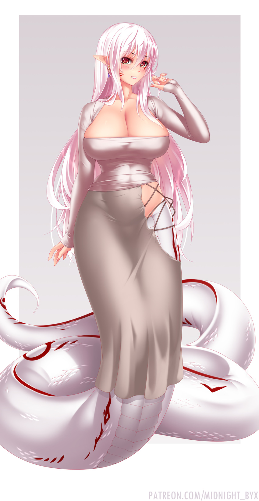 blush breasts cleavage dongtan_dress dress earrings facial_mark female hair_between_eyes highres hobble_skirt jewelry kyara_akaro lamia large_breasts long_hair looking_at_viewer meme_attire midnight_(banyex) mole mole_under_eye monster_girl original patreon_username pink_hair pointy_ears red_eyes side_slit single_earring slit_pupils smile solo tail tight_clothes tight_dress very_long_hair web_address